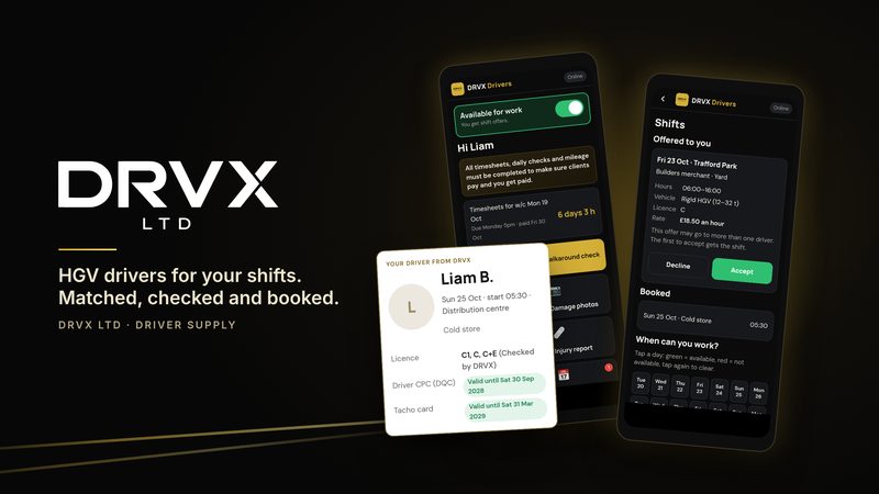Illustrative image: the DRVX Drivers app on two phones showing shifts and timesheets