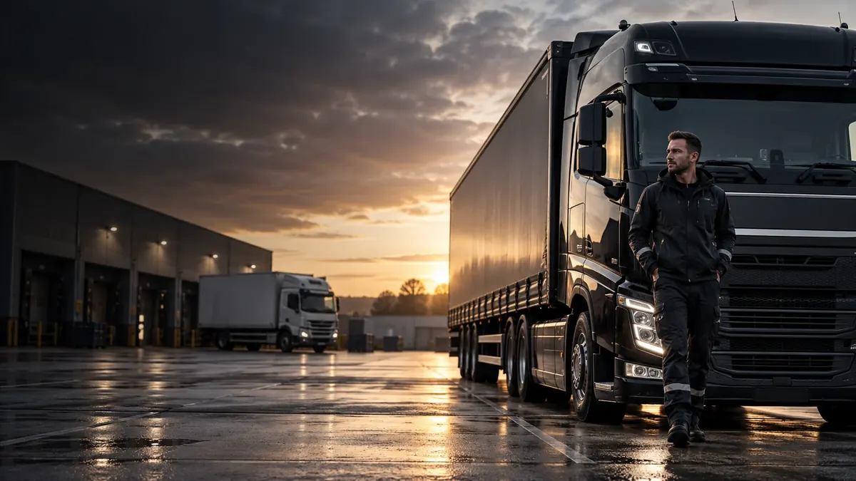 Illustrative image: an HGV driver in workwear beside a black articulated lorry at a distribution depot